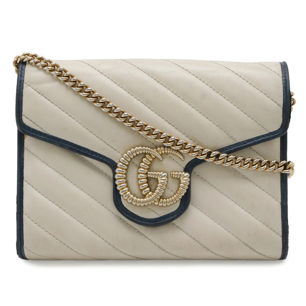 Gucci GG Marmont Chain Wallet Shoulder Bag Quilted Leather Ivory White